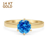 14K Yellow Gold Round Solitaire Blue Topaz CZ Art Deco Ring