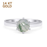 14K White Gold Round Solitaire Natural Green Moss Agate Ring