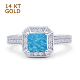 14K White Gold Art Deco Princess Cut Halo Lab Created Blue Opal Ring