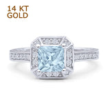 14K White Gold Art Deco Princess Cut Halo Natural Aquamarine Ring