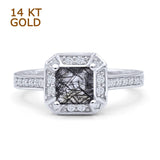 14K White Gold Art Deco Princess Cut Halo Natural Rutilated Quartz Ring