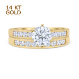 14K Yellow Gold Two Piece Half Eternity Band Round Moissanite Cathedral Ring