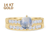 14K Yellow Gold Two Piece Half Eternity Band Round Natural Moonstone Cathedral Ring