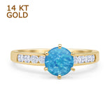 14K Yellow Gold Round Lab Created Blue Opal Cathedral Ring