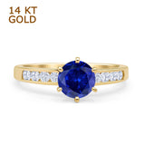 14K Yellow Gold Round Blue Sapphire CZ Cathedral Ring