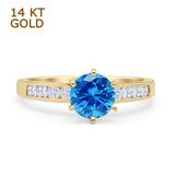 14K Yellow Gold Round Blue Topaz CZ Cathedral Ring