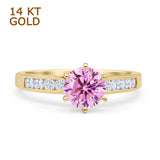 14K Yellow Gold Round Pink CZ Cathedral Ring