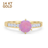 14K Yellow Gold Round Lab Created Pink Opal Cathedral Ring