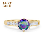 14K Yellow Gold Round Rainbow CZ Cathedral Ring