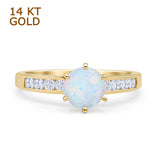 14K Yellow Gold Round Lab Created White Opal Cathedral Ring
