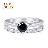 14K White Gold Two Piece Round Solitaire Half Eternity Band Black CZ Bridal Ring