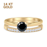 14K Yellow Gold Two Piece Round Solitaire Half Eternity Band Black CZ Bridal Ring