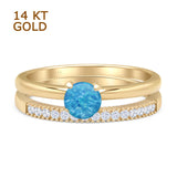 14K Yellow Gold Two Piece Round Solitaire Half Eternity Band Lab Created Blue Opal Bridal Ring