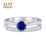 14K White Gold Two Piece Round Solitaire Half Eternity Band Blue Sapphire CZ Bridal Ring