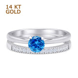14K White Gold Two Piece Round Solitaire Half Eternity Band Blue Topaz CZ Bridal Ring
