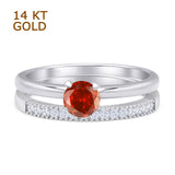 14K White Gold Two Piece Round Solitaire Half Eternity Band Garnet CZ Bridal Ring