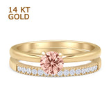 14K Yellow Gold Two Piece Round Solitaire Half Eternity Band Morganite CZ Bridal Ring
