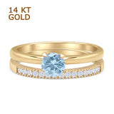 14K Yellow Gold Two Piece Round Natural Aquamarine Half Eternity Band Bridal Ring