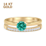 14K Yellow Gold Two Piece Round Solitaire Half Eternity Band Paraiba Tourmaline CZ Bridal Ring