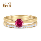 14K Yellow Gold Two Piece Round Solitaire Half Eternity Band Ruby CZ Bridal Ring