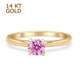 14K Yellow Gold Minimalist Round Pink CZ Solitaire Ring