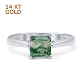 14K White Gold Princess Cut Solitaire Natural Green Moss Agate Ring