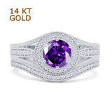 14K White Gold Two Piece Round Halo Split Shank Curved Contour Band Amethyst CZ Ring
