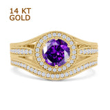 14K Yellow Gold Two Piece Round Halo Split Shank Curved Contour Band Amethyst CZ Ring