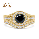 14K Yellow Gold Two Piece Round Halo Split Shank Curved Contour Band Black CZ Ring