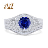 14K White Gold Two Piece Round Halo Split Shank Curved Contour Band Blue Sapphire CZ Ring