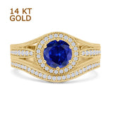 14K Yellow Gold Two Piece Round Halo Split Shank Curved Contour Band Blue Sapphire CZ Ring