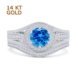 14K White Gold Two Piece Round Halo Split Shank Curved Contour Band Blue Topaz CZ Ring