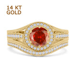 14K Yellow Gold Two Piece Round Halo Split Shank Curved Contour Band Garnet CZ Ring