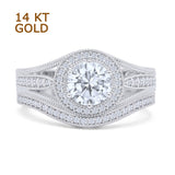14K White Gold Two Piece Round Halo Split Shank Curved Contour Band Moissanite Ring
