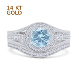 14K White Gold Two Piece Round Halo Split Shank Curved Contour Band Natural Aquamarine Ring