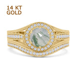 14K Yellow Gold Two Piece Round Halo Split Shank Curved Contour Band Natural Green Moss Agate Ring
