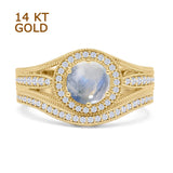 14K Yellow Gold Two Piece Round Halo Split Shank Curved Contour Band Natural Moonstone Ring