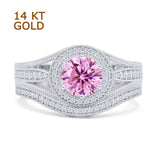 14K White Gold Two Piece Round Halo Split Shank Curved Contour Band Pink CZ Ring