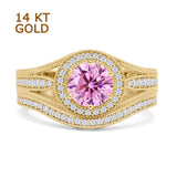 14K Yellow Gold Two Piece Round Halo Split Shank Curved Contour Band Pink CZ Ring