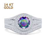 14K White Gold Two Piece Round Halo Split Shank Curved Contour Band Rainbow CZ Ring
