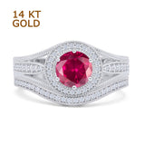 14K White Gold Two Piece Round Halo Split Shank Curved Contour Band Ruby CZ Ring