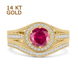 14K Yellow Gold Two Piece Round Halo Split Shank Curved Contour Band Ruby CZ Ring