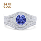 14K White Gold Two Piece Round Halo Split Shank Curved Contour Band Tanzanite CZ Ring