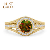 14K Yellow Gold Art Deco Round Halo Split Shank Lab Created Black Opal Bridal Ring