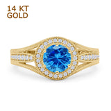14K Yellow Gold Art Deco Round Halo Split Shank Blue Topaz CZ Bridal Ring