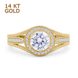 14K Yellow Gold Art Deco Round Halo Split Shank Cubic Zirconia Bridal Ring