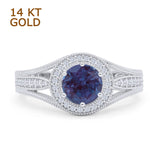 14K White Gold Art Deco Round Halo Split Shank Lab Alexandrite Bridal Ring