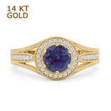 14K Yellow Gold Art Deco Round Halo Split Shank Lab Alexandrite Bridal Ring