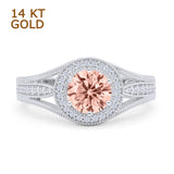 14K White Gold Art Deco Round Halo Split Shank Morganite CZ Bridal Ring