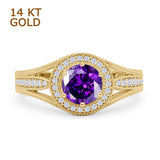 14K Yellow Gold Art Deco Round Halo Split Shank Natural Amethyst Bridal Ring